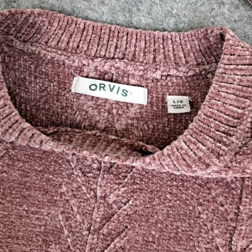 Orvis Chenille Cable Knit Sweater‎ Womens Size Large Mauve Pink Velour Crewneck